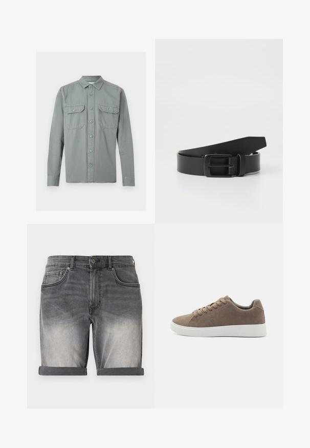 Chemise gris clair à manches longues avec col et deux poches à rabat boutonnées sur le devant, présentée à plat sur un fond blanc.; Shorts en denim noir délavé avec un ourlet retroussé, comportant cinq poches et un léger effet délavé à l'avant. Fermeture classique à boutons.; Baskets en daim marron avec des semelles en caoutchouc blanc plat, design lacé, bout rond et texture lisse. Style minimaliste avec des détails de couture subtils.; Ceinture en cuir noir avec une boucle en métal noir mat, présentant une texture lisse et un design simple. Longueur réglable avec une extrémité effilée.