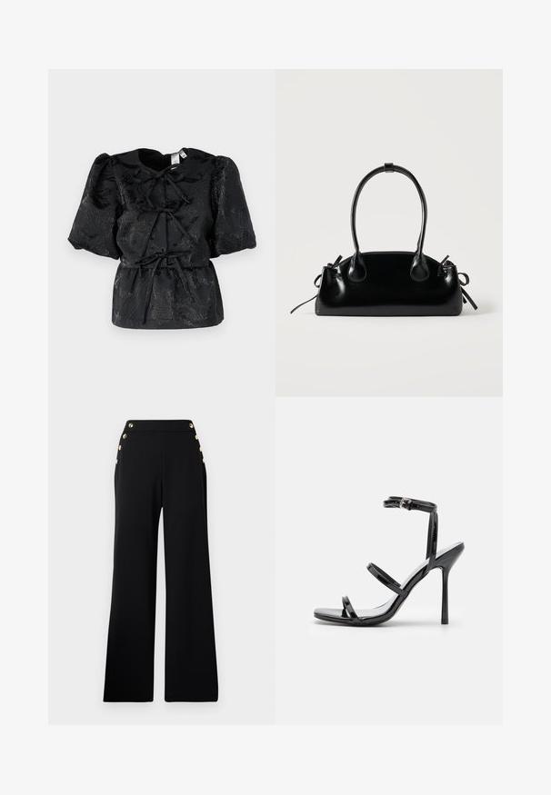 Top negro con mangas cortas abullonadas, que presenta un patrón floral texturizado y una cintura con cordón. Fabricado en un tejido brillante con un sutil brillo.; Pantalones de pierna ancha de talle alto en negro con botones dorados en la parte delantera y bolsillos en ambas caderas sobre un fondo blanco.; Sandalias de tacón alto de charol negro con tres tiras horizontales y una correa en el tobillo ajustable. Silueta elegante y acabado brillante.; Pequeño bolso negro brillante con dos asas largas y detalles de cordón lateral sobre un fondo claro liso.
