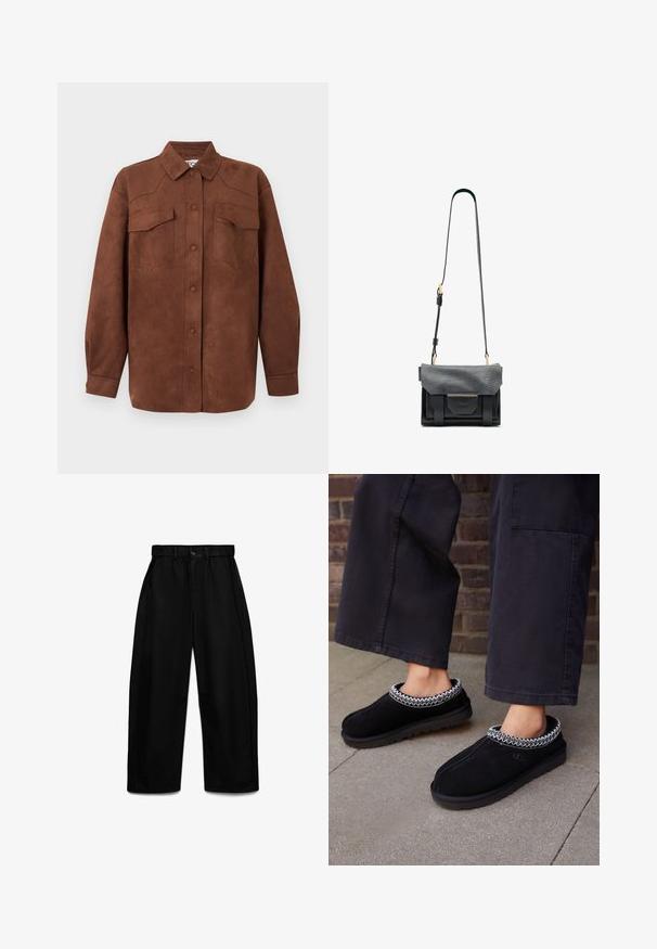 Veste-chemise marron en daim à manches longues avec fermeture à boutons sur le devant et deux poches poitrine à rabat.; Pantalon noir à jambes larges avec taille élastique, fermeture par bouton et fermeture éclair, et poches latérales, présenté sur un fond blanc.; UGG TASMAN - Chaussons - black; Sac à main en cuir noir avec une surface texturée, forme rectangulaire, rabat supérieur, bandoulière et détail de poche avant. Accents de quincaillerie couleur or.