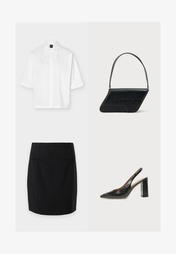 Chemise blanche à manches courtes avec col et patte de boutonnage dissimulée, avec une étiquette de marque noire "BOSS" à l'intérieur du col.; Jupe crayon noire en tissu lisse, dotée d'un design cintré, de deux poches avant et d'un ourlet au niveau des genoux.; Chaussure slingback en cuir noir à bout pointu avec un talon bloc haut et une doublure intérieure beige sur un fond clair uni.; Sac d'épaule en cuir noir de forme triangulaire, avec un logo embossé et une seule bandoulière réglable. Design minimaliste avec une texture lisse.