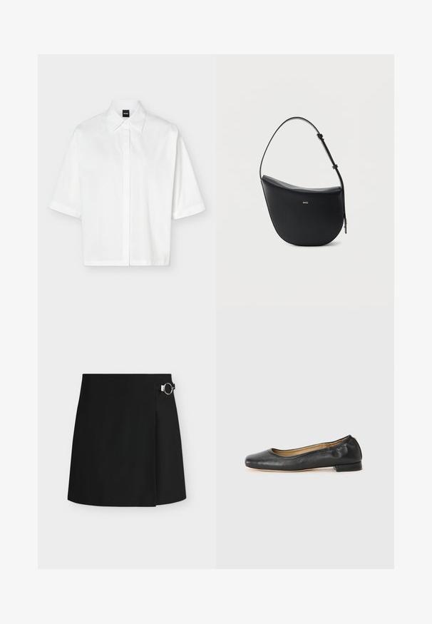 Chemise blanche à manches courtes avec col et patte de boutonnage dissimulée, avec une étiquette de marque noire "BOSS" à l'intérieur du col.; Mini-jupe noire avec un design portefeuille et une boucle circulaire argentée du côté droit, sur fond blanc.; Ballerines en cuir noir avec un bout arrondi et des coutures minimales. Talon bas et rectangulaire avec une texture lisse. Détails subtils de doublure intérieure.; Sac à bandoulière en cuir noir en forme de demi-lune avec une bandoulière réglable et le logo doré « BOSS » centré sur le devant.