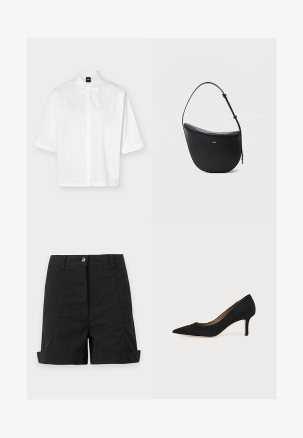Chemise blanche à manches courtes avec col et patte de boutonnage dissimulée, avec une étiquette de marque noire "BOSS" à l'intérieur du col.; Shorts noirs taille haute avec fermeture à boutons et zip à l'avant, passants de ceinture, coutures latérales et revers roulés.; Escarpin en daim noir à bout pointu avec un talon stiletto fin de hauteur moyenne et un design à coupe basse sur un fond uni.; Sac à bandoulière en cuir noir en forme de demi-lune avec une bandoulière réglable et le logo doré « BOSS » centré sur le devant.