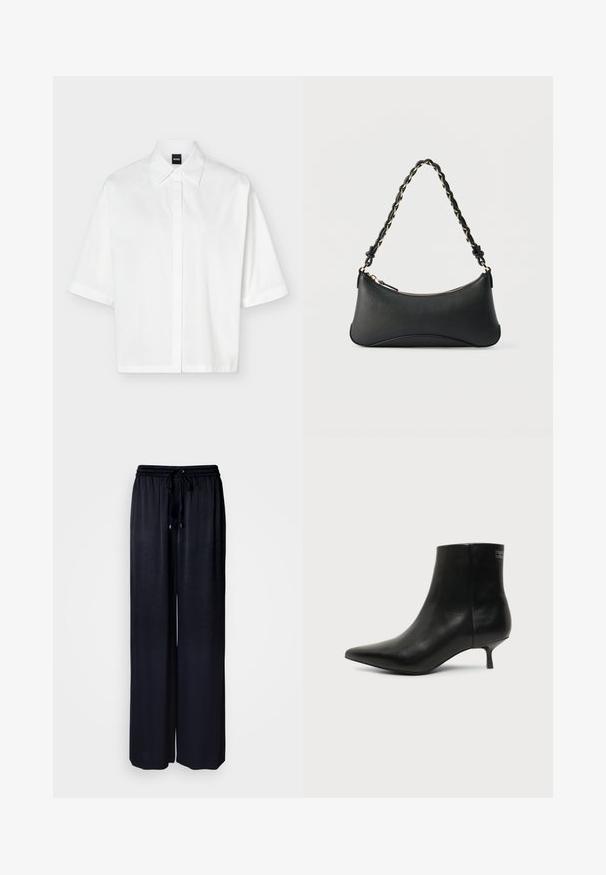 Chemise blanche à manches courtes avec col et patte de boutonnage dissimulée, avec une étiquette de marque noire "BOSS" à l'intérieur du col.; Pantalon noir à jambes larges en tissu léger avec taille élastique et cordon de serrage ajustable. Texture lisse sans motifs visibles.; Bottine en cuir noir avec bout pointu et petit talon kitten sur fond clair, vue côté extérieur.; Sac à bandoulière en cuir noir de forme rectangulaire incurvée, avec une chaîne dorée tissée dans la bandoulière noire tressée et une fermeture éclair sur le dessus.