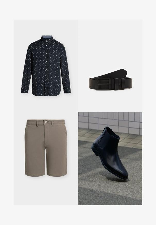 Chemise noire à manches longues boutonnée avec petits motifs losanges blancs et une poche poitrine sur fond uni.; Shorts pour hommes de couleur taupe, longueur au genou, avec fermeture à boutons, passants pour ceinture et poches latérales, présentés sur un fond blanc.; Bottine Chelsea en cuir noir avec panneaux latéraux élastiques affichée au-dessus d’un pavé gris et d’un mur carrelé en arrière-plan.; Ceinture en cuir noir roulée avec une boucle en métal rectangulaire noir mat et deux passants sur fond blanc.