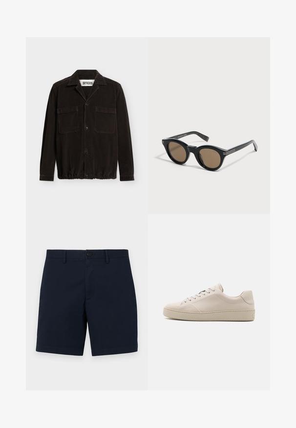 Sort fløjls skjortejakke med lange ærmer, krave, forreste knapper, to brystlommer og elastisk kant, mærket Drykorn.; Theory ZAINE PATT - Shorts - baltic; Beige lædersneakers med en glat finish, rund tå, flad sål og klassisk snøredesign. Subtile syninger og struktureret ydersål.; Sorte runde solbriller med tykke stel og brune linser, placeret på en hvid overflade med en let vinkel mod højre.