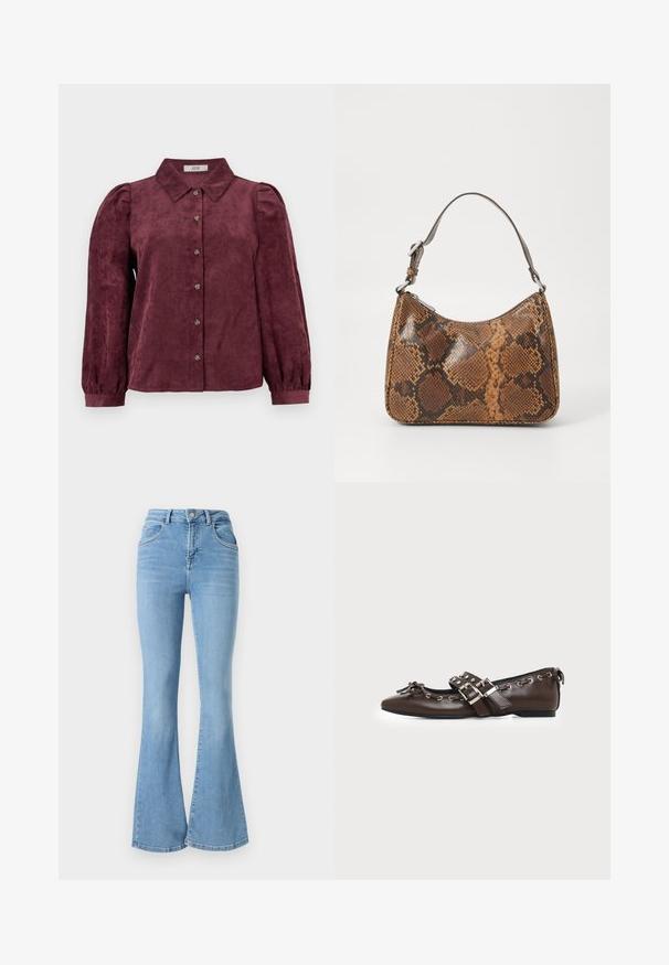 Bordeaux corduroy shirt met een kraag, knoopsluiting aan de voorkant, lange pofmouwen en elastische manchetten. Verticaal textuurpatroon overal.; Lichtblauwe flared jeans van denim, met een hoge taille, twee voorzakken en gestikte details langs de naden.; Donkerbruine leren platte schoen met puntige neus, dubbele zilveren gespsluitingen, metalen klinknagels en een decoratief strikje aan de voorkant.; Kleine handtas met een bruin en zwart slangenprintpatroon, korte verstelbare schouderriem en ritssluiting.