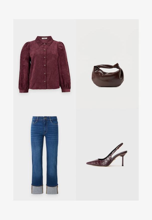 Bordeaux corduroy shirt met een kraag, knoopsluiting aan de voorkant, lange pofmouwen en elastische manchetten. Verticaal textuurpatroon overal.; Blauwe denim jeans met een rechte pijp, voorzien van opgerolde manchetten in lichtgrijs. Middenhoogte taille en traditionele vijf-pocketdesign.; Bordeaux kleurige slingback hakken met een spitse neus, krokodillenstructuur, dunne hak en zijgesp/delict. Gladde binnenvoering.; Donkerbruine leren schoudertas met een zachte, slungelige vorm en een gedraaide knoopvormige handgreep op een effen witte achtergrond.