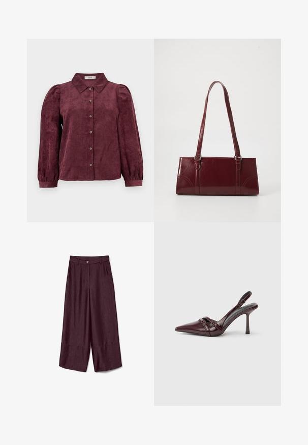 Chemise en velours côtelé bordeaux avec col, boutonnière sur le devant, manches longues bouffantes et poignets élastiqués. Motif de texture verticale sur l'ensemble.; Pantalons larges bordeaux en tissu texturé, dotés d'une fermeture à bouton et de plis sur le devant, avec une longueur raccourcie à l'ourlet.; Escarpin slingback en cuir verni bordeaux avec bout pointu, fine bride à la cheville et petit détail décoratif de boucle. Texture lisse et talon haut.; Sac à main bordeaux en matériau brillant, de forme rectangulaire, avec deux anses et des accents légèrement courbés à l'avant.