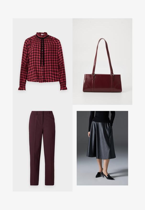 Rood-zwart geruite blouse met lange mouwen, een geruwde hoge hals, knopen aan de voorkant, zwarte fluwelen biezen en geplooide manchetten.; Bordeauxrode rechte broek met een gladde textuur, voorzien van een vlakke voorkant en zonder zichtbare zakken. Op maat gemaakt ontwerp met een klassieke pasvorm.; Zwarte leren midi-jurk met een gladde textuur; heeft een tailleband en zijzakken. Gepaarde met glanzende zwarte hakken.; Bourgondische handtas van glanzend materiaal, rechthoekige vorm, met twee schouderbanden en subtiele gebogen accenten aan de voorkant.