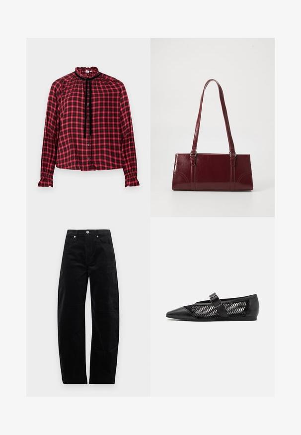 Blouse à manches longues à carreaux rouges et noirs avec col montant volanté, boutonnage sur le devant, bordure en velours noir et poignets froncés.; Pantalon droit en velours côtelé noir avec fermeture à bouton et zip à l'avant, poches avant et arrière, présenté sur un fond uni.; Chaussure plate noire avec un bout pointu, panneaux latéraux en maille et une sangle avec une boucle décorative. Fini lisse sur les sections du bout et du talon.; Sac à main bordeaux en matériau brillant, de forme rectangulaire, avec deux anses et des accents légèrement courbés à l'avant.