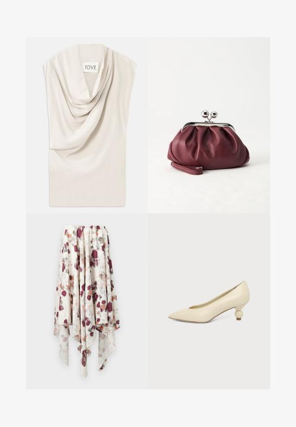 Lys beige top med draperet halsudskæring, lavet af blødt stof. Har en subtil glans og bred, ærmeløs design. Etiketten siger "TOVE."; Hvid nederdel med sjaldræk, dekoreret med maroon, grå og orange akvarel-blomsterprint, der har en elastisk talje.; Kremfarvet damesko med spids snude og lav hæl, hvor hælen er rund og kugleformet, på en ensfarvet baggrund.; Lille bordeauxlæder clutch-pung med sølv metal lukning og håndledsrem på hvid baggrund.