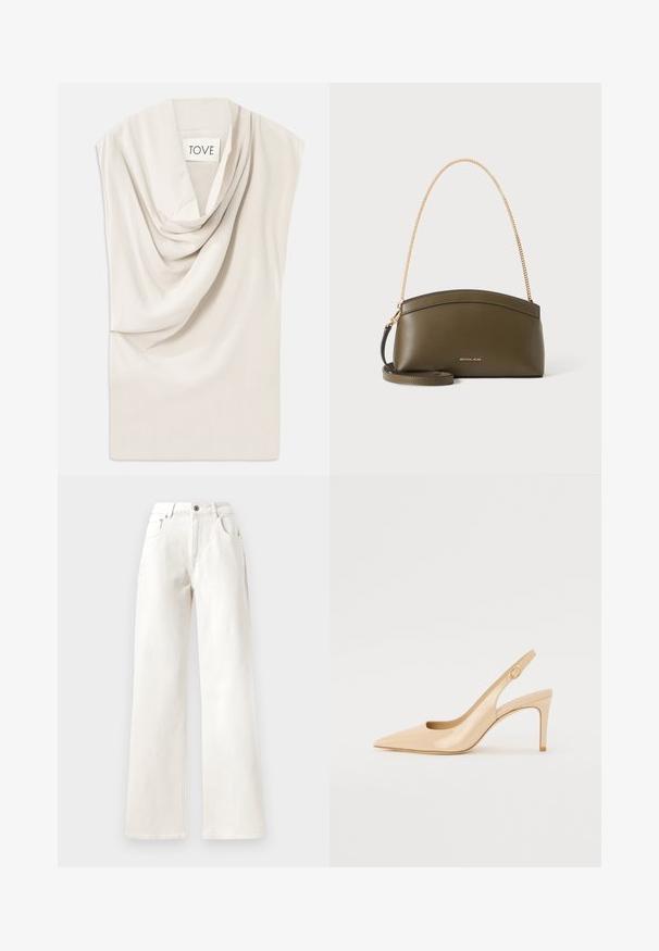 Lys beige top med draperet halsudskæring, lavet af blødt stof. Har en subtil glans og bred, ærmeløs design. Etiketten siger "TOVE."; Hvide vide bukser af denim med knaplukning, bæltestropper og fem-lomme design. Glat overflade med synlig syning.; Nude patenteret læder slingback hæl med spidse tæer, åben vamp og en tynd stiletto hæl. Har et cirkulært guldfarvet element på remmen.; Olivengrøn Michael Kors-håndtaske med guldkæde skulderrem, buet top og lille gyldent logo foran, vist mod hvid baggrund.