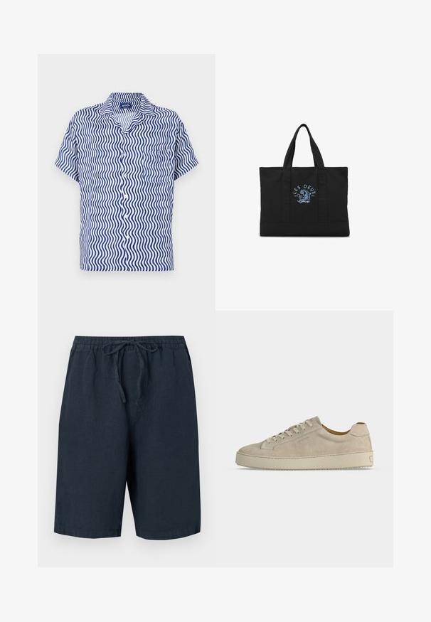 Kortærmet skjorte i hvidt stof med blåt bølge mønster, med krave, knaplukning foran og en enkelt brystlomme.; Mørkeblå linnedshorts med elastisk talje og justerbar snor. Har sidelommer og en afslappet pasform.; Beige ruskind lavtop sneaker med snørelukning og tyk gummisål, vist fra siden på en ensfarvet hvid baggrund.; Sort tote taske med to håndtag og blå tekst "Les Deux" over et blåt grafisk design foran i midten.
