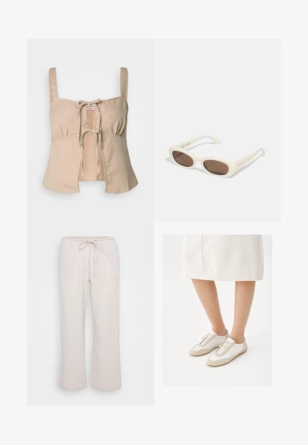 Béžový ľanový krátky top s tenkými ramienkami a uzáverom na prednej strane. Obsahuje zhromaždené detaily a rozšírený lem. Hladká textúra.; Svetlo béžové, ľahké látkové nohavice s elastickým pásom a šnúrkou na stiahnutie. Voľný, široký strih s jemným textúrovaným vzorom.; Osoba nosiaca biele tenisky s béžovými semišovými akcentmi a bielu sukňu do kolien, stojaca na bielom pozadí.; Slnečné okuliare krémovej farby s oválnymi šošovkami, hnedo tónovanými, s lesklým povrchom a jemným brandingom "Vogue" na boku.