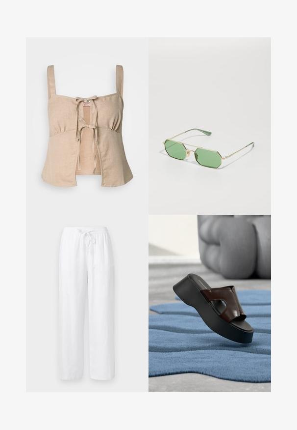 Top recortado de lino beige con tirantes finos y cierre frontal con nudos. Presenta detalles fruncidos y un dobladillo acampanado. Textura suave.; Pantalones blancos de mezcla de lino de corte holgado con cintura elástica y cordón frontal, diseño de pierna recta.; Sandalia plana negra con parte superior de cuero marrón oscuro y detalle recortado, sobre una alfombra azul texturizada y una silla escultórica al fondo.; Gafas de sol octogonales con un marco dorado y lentes verdes; las patillas delgadas presentan un acento verde. El nombre de la marca "vogue" aparece en el lente.