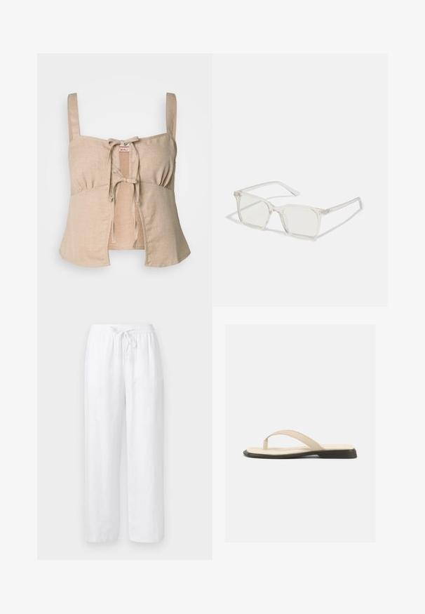 Top court en lin beige avec des bretelles fines et une fermeture à nouer à l'avant. Présente des détails froncés et un ourlet évasé. Texture lisse.; Pantalon ample en mélange de lin blanc avec ceinture élastique et cordon à l'avant, coupe droite.; Sandale plate beige à bride en forme de tongs avec une semelle intérieure rembourrée et une semelle noire, vue de côté sur fond blanc.; Lunettes carrées en plastique transparent avec des verres translucides, dotées d'accents dorés sur les branches pour plus de détails.