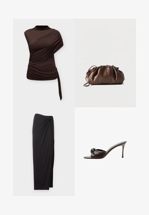 Asymmetrische donkerbruine mouwloze top met hoge hals, geplooide details en een zijstrik die aan de zoom hangt.; Zwarte maxi rok met hoge taille, geplooide details aan één kant en een zijslit, gemaakt van lichtgewicht stof.; Donkerbruine leren mule met hoge hak, open teen en knoopdetail op het voorste bandje.; Zachte bruine leren tas met samengevouwen bovenkant en smalle riem, liggend op een witte achtergrond.