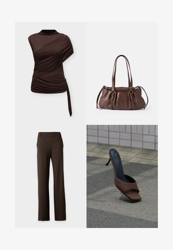 Haut asymétrique sans manches marron foncé avec un col montant, des détails froncés et un lien latéral suspendu à l'ourlet.; Pantalon marron foncé droit avec passants de ceinture, poches latérales et un design avant épuré sur un fond clair uni.; Mule marron à talon haut et bout ouvert avec le nom de la marque « RAID » sur la semelle intérieure, posée sur l'asphalte près d'un mur carrelé.; Sac à main en cuir brun avec deux longues poignées, design froncé, accents en métal doré et finition texturée.