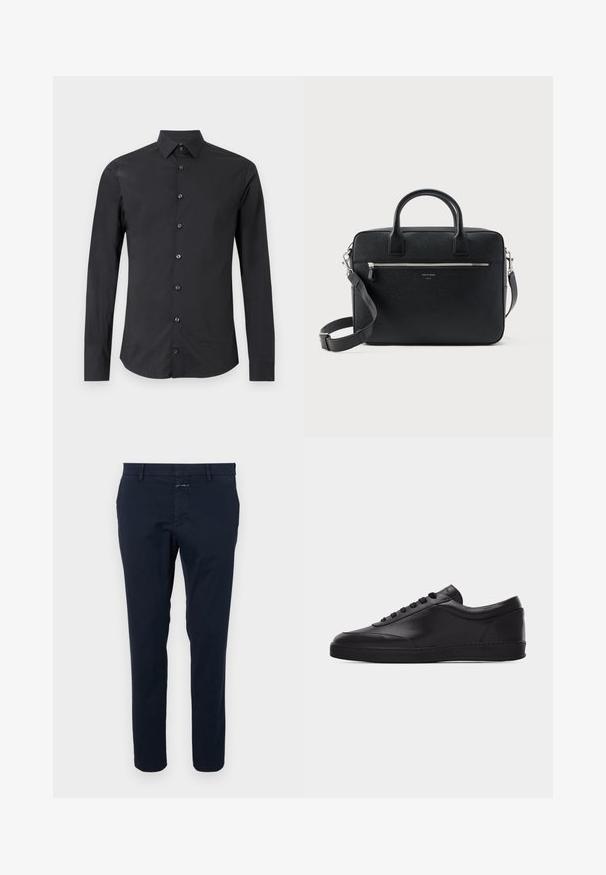 Zwart overhemd met lange mouwen en knopen, met spitse kraag, plat uitgelegd op een witte achtergrond.; Marineblauwe katoenen chinos met een slim fit, rechte voorkant en een ritsgulp. Voorzien van zijzakken en een achterzak met een klein merketiket.; Zwarte lage leren sneaker met vetersluiting aan de voorkant en een platte rubberen zool, gezien van de zijkant tegen een effen witte achtergrond.; Zwart gestructureerde rechthoekige leren aktetas met dubbele handvatten, voorvak met rits en verstelbare schouderriem, weergegeven op witte achtergrond.