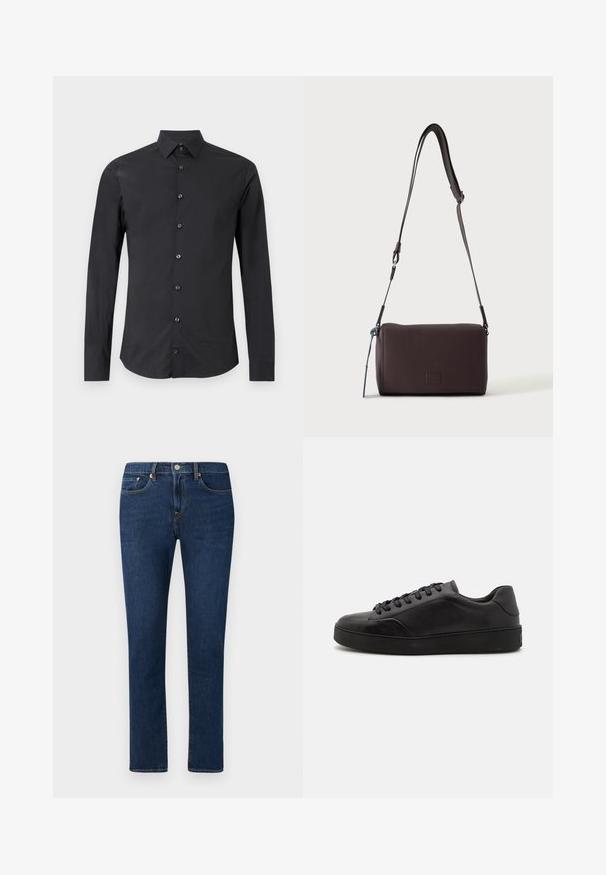 Sort skjorte med lange ærmer og knapper, med spids krave, vist fladt på en hvid baggrund.; Mørkeblå denimjeans med lige ben, der har en klassisk fem-lomme stil og en knaplukning i taljen.; Sorte lædersneakers med rund tå, flad sål og traditionel snøring. Har en glat tekstur og diskrete detaljer på siden.; Mørkebrun textured læder crossbody taske med justerbar rem og lille dekorativ blå accent på siden.