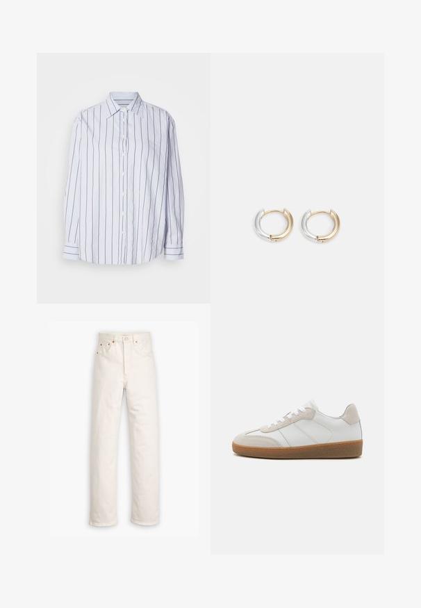Camisa blanca con finas rayas verticales en navy, con botones en el frente, cuello tipo punta, mangas largas con puños abotonados, tela suave, corte relajado.; Jeans de mezclilla blanca con un diseño de pierna recta, estilo de cinco bolsillos y detalles de hardware en color cobre. Acabado sin dobladillo en los tobillos.; Deportivas de cuero blanco con acentos de ante beige, lengua texturizada y suela de goma. Presenta cordones blancos y detalles sutiles de costura.; Pendientes de aro en oro y plata con un acabado metálico mixto, que presentan un diseño curvado y suave, y un cierre sin costuras.