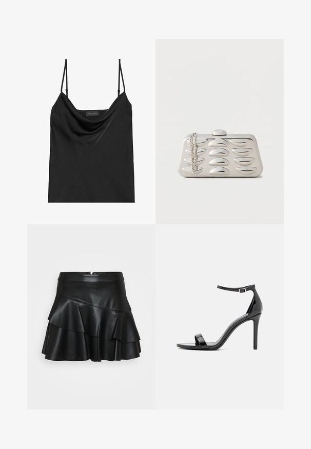 Camisole noir avec un décolleté en cowl et des bretelles fines et ajustables. Caractérisé par un tissu lisse, une coupe décontractée et un design simple sans embellissements.; Jupe mini en cuir noir avec une taille ajustée et trois niveaux de volants, présentant une texture lisse et une fermeture éclair dissimulée à l'arrière.; Sandale à talons hauts en cuir verni noir avec une fine bride de cheville, à bout ouvert, au design minimaliste et à la finition lisse et brillante.; Pochette rectangulaire argentée avec motifs ovales en relief sur le devant et une chaîne argentée drapée sur un coin, sur un fond uni.