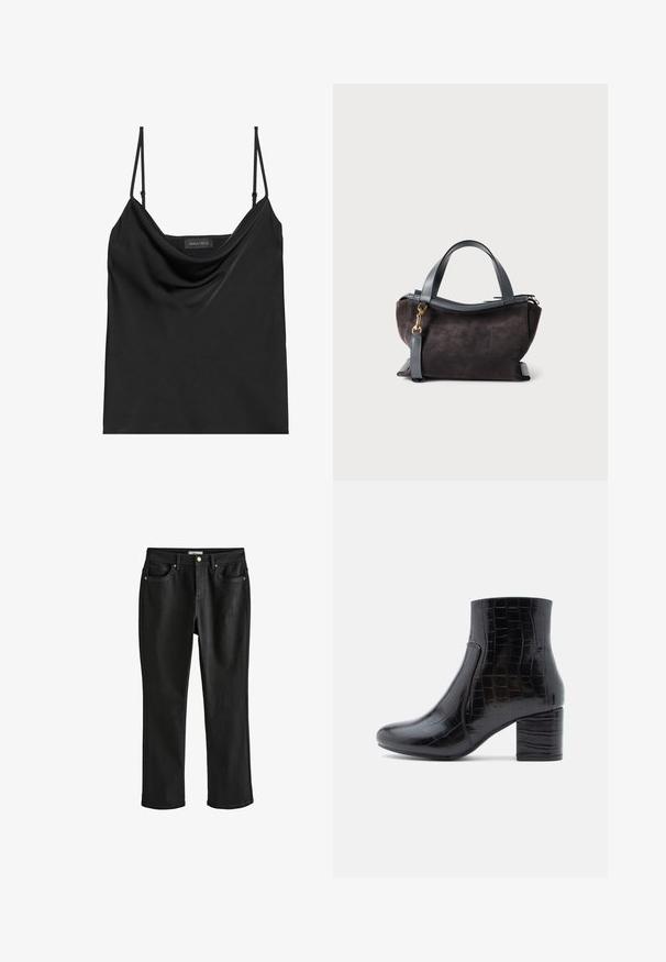 Zwarte cami-top met een colhals en dunne verstelbare bandjes. Heeft een zachte stof, relaxed fit en een eenvoudig ontwerp zonder versieringen.; Zwarte denim jeans met een rechte pasvorm. Kenmerken zijn onder meer gouden hardware, vijf zakken en een klassieke tailleband. Gladde textuur.; Zwarte enkellaars gemaakt van glanzend krokodillenprintleer. Voorzien van een ronde neus en een dikke blokhak. Gladde textuur en slank ontwerp.; Donkere suède tas met een ronde structuur, leren handgrepen en gouden accenten. Voorzien van een afneembare riem voor veelzijdig draagcomfort.