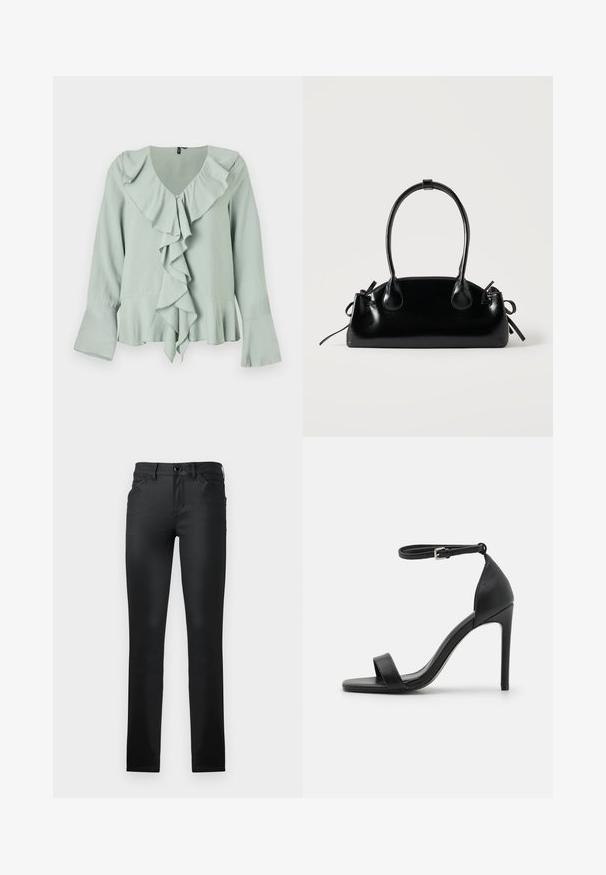Heled roheline blouse, millel on V-kaelus, volangiga esiosa, pikad varrukad, mis on laiendatud küünarnuki kohalt, ja voolav siluett.; TOM TAILOR TTLUCIE SKINNY FIT - Kitsa lõikega teksad - coated black denim; Mustad must kõrge kontsaga sandaal, millel on sile disain, sääre rihm, avatud varvas ja sile nahk tekstuur.; Väike must läikiv käekott kahe pika sangaga ja külgedel paelakinnitustega, ühel lihtsal helel taustal.