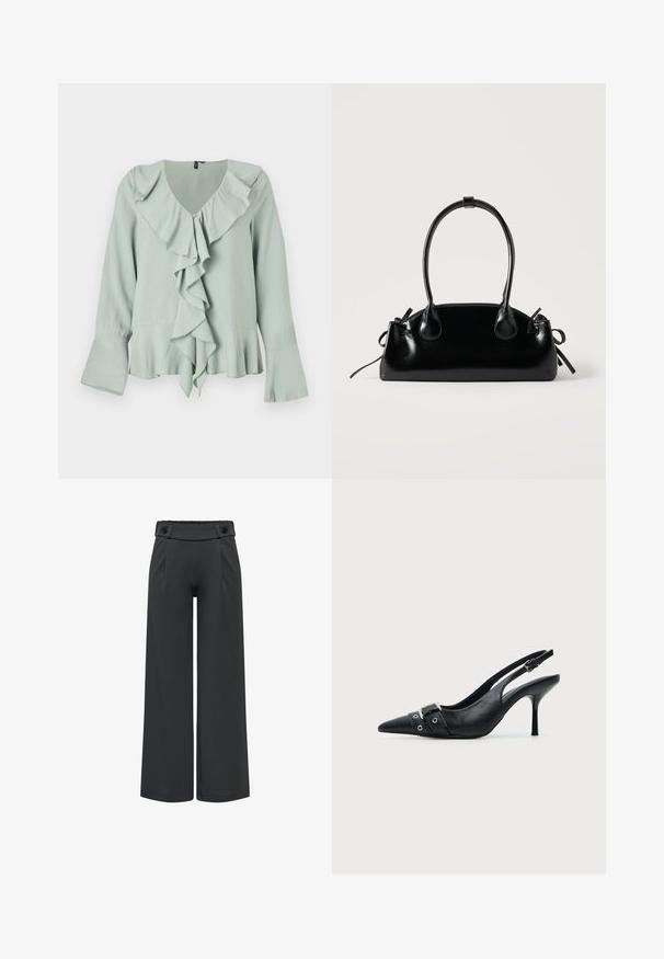 Blusa verde claro con escote en V, detalle de volantes en la parte frontal, mangas largas con puños acampanados y una silueta fluida.; Pantalones negros de pierna ancha con cintura alta y detalles de botones en la cinturilla, costura delantera y dobladillo recto.; Zapato de tacón alto tipo slingback de piel negra con puntera puntiaguda, con hebilla y detalle de tira con ojetes en la parte delantera.; Pequeño bolso negro brillante con dos asas largas y detalles de cordón lateral sobre un fondo claro liso.