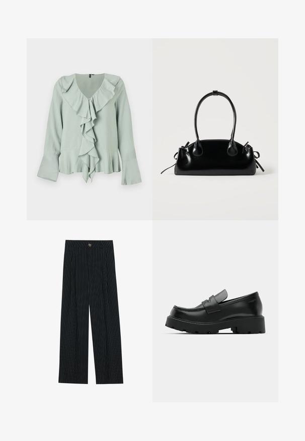 Blusa verde claro con escote en V, detalle de volantes en la parte frontal, mangas largas con puños acampanados y una silueta fluida.; Pantalones de pierna ancha a rayas negras, fabricados con una tela texturizada, que cuentan con un cierre frontal de botón y un diseño plisado para mayor interés.; Mocasines de cuero negro con suela gruesa y texturizada, que presentan una correa sobre el empeine y un acabado suave y pulido.; Pequeño bolso negro brillante con dos asas largas y detalles de cordón lateral sobre un fondo claro liso.