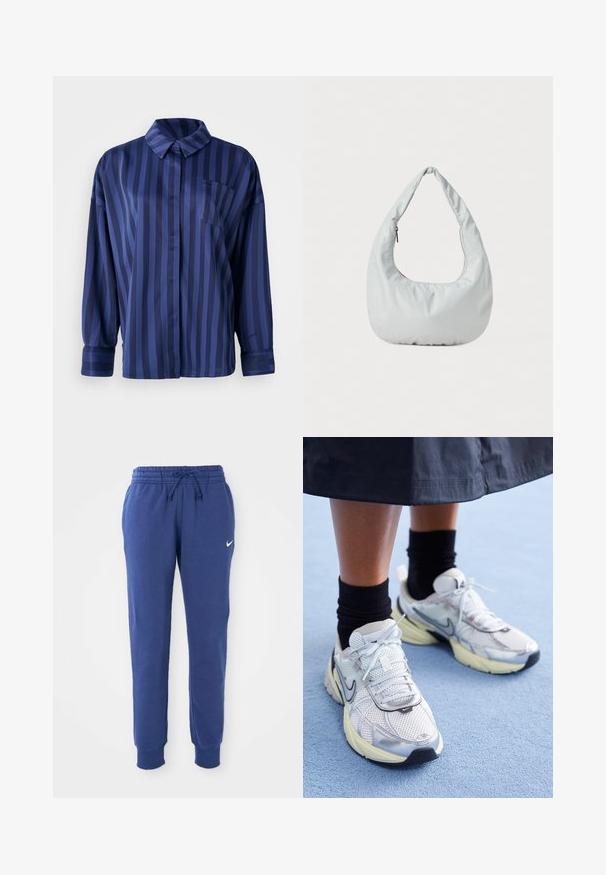Mørkeblå stribet skjorte med krave, brystlomme og lange ærmer. Lavet af et glat, skinnende stof med en løs pasform.; Blå Nike sweatpants med elastisk talje, snøre, afsluttende ankler og hvid Nike swoosh-logo på venstre lår.; Hvide og sølv Nike sneakers med mesh-stof, reflekterende detaljer og en beige sål. Bæres med sorte sokker og står på en blå overflade.; Blød, lys grå hobo-taske lavet af syntetisk materiale. Har et enkelt polstret håndtag og en lynlåslomme på siden.