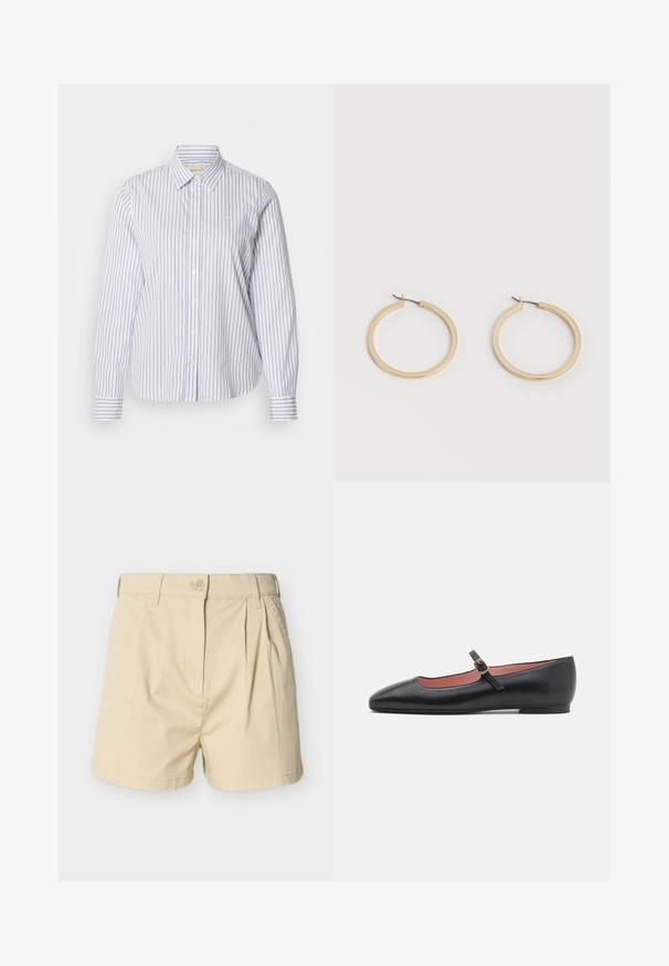 Chemise à rayures bleues et blanches avec col classique, manches longues et ourlet droit. Le tissu a une texture lisse.; Shorts beiges en coton avec un devant plissé, une fermeture à boutons et un ourlet doublement surpiqué. Le modèle présente une coupe droite et des poches latérales.; Chaussure plate en cuir noir avec un bout pointu et une sangle au niveau de la cheville, ornée d'une boucle en or. Texture lisse avec une finition légèrement brillante.; Paire de boucles d'oreilles créoles moyennes lisses ton or avec fermoirs à charnière sur fond clair uni.