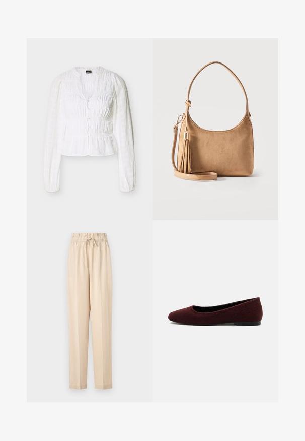 Hvid bluse med lange ærmer, rynket stof, knaplukning foran, rund hals og let puffede skuldre.; Beige, lette bukser med elastisk talje, snøre detaljer og lige ben. Glat tekstur, minimalisk stil.; Burgundy damesko med rundet tå og tekstureret stof, lav sort sål, vist fra siden på hvid baggrund.; Lysebrun ruskindshåndtaske med en enkelt skulderrem, aftagelig rem til at bære den på tværs af kroppen og en matchende ruskindsfrynse.