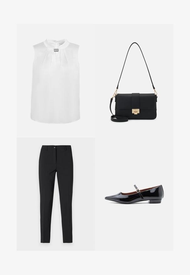 Blusa blanca sin mangas con escote fruncido y cierre decorativo plateado en el cuello, con cremallera trasera.; Pantalones negros ajustados de tela suave, con una cinturilla clásica, cremallera frontal y bolsillos laterales, todo en un diseño elegante y a medida.; Zapato plano Mary Jane de charol negro con punta afilada y tacón bajo, con una correa ajustable y hebilla dorada.; Bolso de hombro negro de cuero sintético con forma rectangular, herrajes dorados, cierre magnético y correa desmontable. Detalle de superficie texturizada.