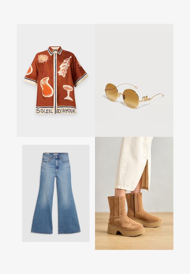 Bruin shirt met korte mouwen en kraag, met oranje en crèmekleurige abstracte ontwerpen van zon, blad, kan en glas, en de tekst "SOLEIL D'AMOUR" aan de zoom.; Licht gewassen denim flared jeans met een hoge taille, voorzakken en bronzen hardware. De stof heeft een vervaagde textuur met een gladde afwerking.; Bruine suède enkellaarsjes met een chunky platformzool, zijrits en verticale stikdetails, gecombineerd met een crèmekleurige rok.; Ronde zonnebril met goudkleurige montuur, bruine getinte glazen en dunne pootjes met een sierlijke, cursieve "like" detail aan elke kant.
