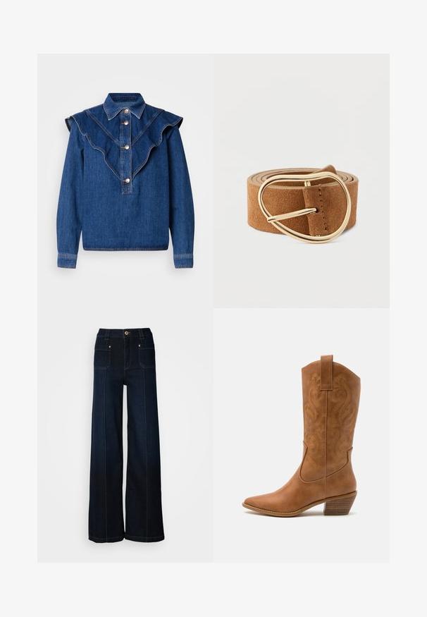 Mørkeblå denimskjorte med flæsekrave, frontknaplukning og lange ærmer. Har subtile syningsdetaljer og en afslappet pasform.; Bredde ben denimjeans i mørkeblå. Har forlommer, guldfarvet hardware og kontrasterende syninger. Glat tekstur med et afslappet design.; Tan læder cowboystøvle med spids tå, broderede svirvelmønstre på skaftet og en stablet blokhæl. Har en træksløjfe for nem af/på.; Brunt ruskindsbælte med spænde i guldfarvet metal, med en glat finish og et enkelt design. Bæltet er løst rullet sammen.