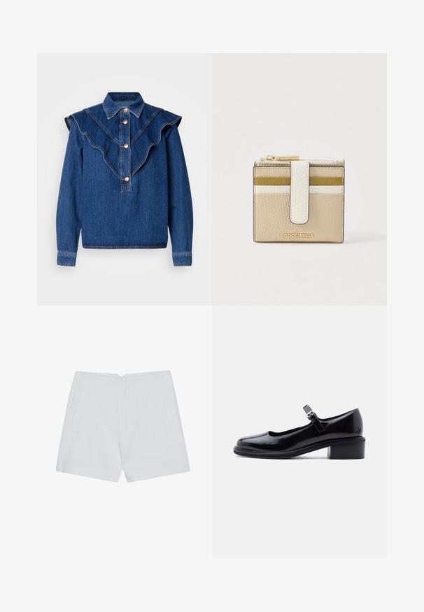 Chemise en denim bleu foncé avec un col volants, fermeture à boutons sur le devant et manches longues. Présente des détails de couture subtils et une coupe décontractée.; Shorts blancs au design ajusté, à l'avant plat, avec deux poches latérales et un ourlet net. Fabriqués à partir d'un tissu lisse sans motifs visibles.; Chaussure Mary Jane en cuir verni noir avec petit talon carré et bride réglable à boucle, sur fond clair uni.; Portefeuille en cuir beige compact avec plusieurs emplacements pour cartes, fermeture à sangle blanche, fermeture éclair dorée et logo "COCCINELLE" doré sur le devant.