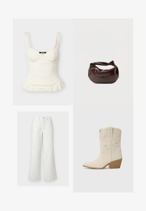Haut sans manches blanc texturé pour femmes avec encolure sweetheart, corsage ajusté, petit détail de nœud et ourlet à volants.; Jeans blancs taille haute à jambes larges avec poches avant, passants pour ceinture, fermeture par bouton, et détail décoratif de laçage sur les côtés des deux jambes.; Botte de cowboy en cuir blanc avec broderies florales, pointe effilée et talon en bois empilé. Présente des coutures décoratives sur le tige.; Sac bandoulière en cuir marron foncé avec une forme souple et décontractée et une anse nouée torsadée sur un fond blanc uni.