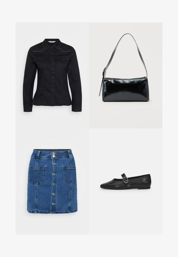 Schwarzes Denim-Hemd mit langen Ärmeln, spitzem Kragen und zwei Brusttaschen. Mit silbernen Nieten an den Schultern und Knopfleiste vorne.; Denimrock mit schmalem Bund, fünf Metallknöpfen auf der Vorderseite und zwei großen seitlichen Taschen. Knieumspielende Länge und klassische blaue Farbe.; Schwarzer Lederflatschuh mit runder Zehenform, einem verstellbaren Schnallenriemen und einer glatten, glänzenden Oberfläche. Minimalistisches Design mit einem niedrigen Absatz.; Schwarze rechteckige Schultertasche mit einem verstellbaren Riemen und einem oberen Reißverschluss vor einfachem Hintergrund.
