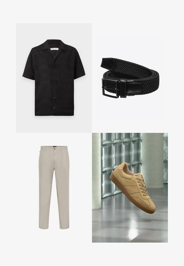 Camisa negra de punto de manga corta con botones, con rayas horizontales abiertas de punto y un cuello tipo campestre.; Pantalones de lino beige con un acabado texturizado, que cuentan con un diseño de pierna recta, dos bolsillos frontales y un cierre de botón en la cintura.; Zapatilla beige de ante con suela de goma, diseño con cordones, flotando en interiores sobre suelo de hormigón pulido cerca de pared de bloques de vidrio.; Cinturón negro trenzado con un diseño de tela texturizada, que presenta una punta de cuero negro y una hebilla de metal, ofreciendo un ajuste flexible.
