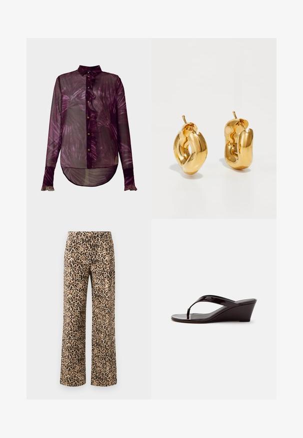 Chemisier transparent à manches longues de couleur violet profond, avec un devant froncé, une fermeture à boutons et un motif de feuilles de palmier. Ourlet arrondi avec des poignets évasés.; Pantalons large en imprimé léopard beige et noir. Tissu en mélange de coton avec une texture lisse, dotés d'une taille haute et sans matériel visible.; Sandale compensée en cuir verni marron avec bride entre les orteils et bout ouvert, vue de profil sur un fond uni.; Boucles d'oreilles créoles en or massif avec un design tubulaire légèrement tordu et des fermoirs à tige sur un fond blanc.