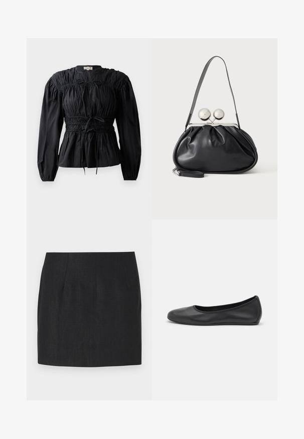 Musthave, pika, pikkade varrukatega pluus, volditud kangaga, smockitud vöökohaga ja nööri detailiga. Pluusil on ümmargune kaelus ja sile tekstuur.; Mustikas pikk, millel on kohandatud lõige, pleedid ja sile tekstuuriga kangas. Põhi on sirge ja pikkus jääb üle põlve.; Musthave mustika tantsutossud mustast nahast, ümmarguse varbaga, siledast tekstuurist, minimaalse õmblusdetailiga ja paindliku tallakujundusega.; Mustast nahast käekott kogutud disainiga, ühe rihmaga, hõbedase metallraamiga ja kahe suure ümmarguse hõbedase klambriga.