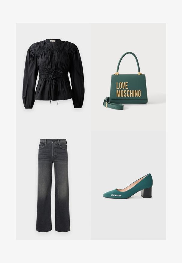 Sort bluse med lange ærmer, rynket stof, smocket talje og bindedetalje, med rund halsudskæring og glat overflade.; Breddebenede jeans i mørkegrå denim med en subtil falmet effekt. Klassisk fem-lomme design med bæltestropper og synlig syning.; Grøn stof høje hæle med spids tå, en chunky sort hæl, og "LOVE MOSCHINO" trykt i hvidt på siden.; Mørkegrøn håndtaske med topgreb og guld bogstaver, der staver "LOVE MOSCHINO" foran, med en justerbar skulderrem ved siden af.