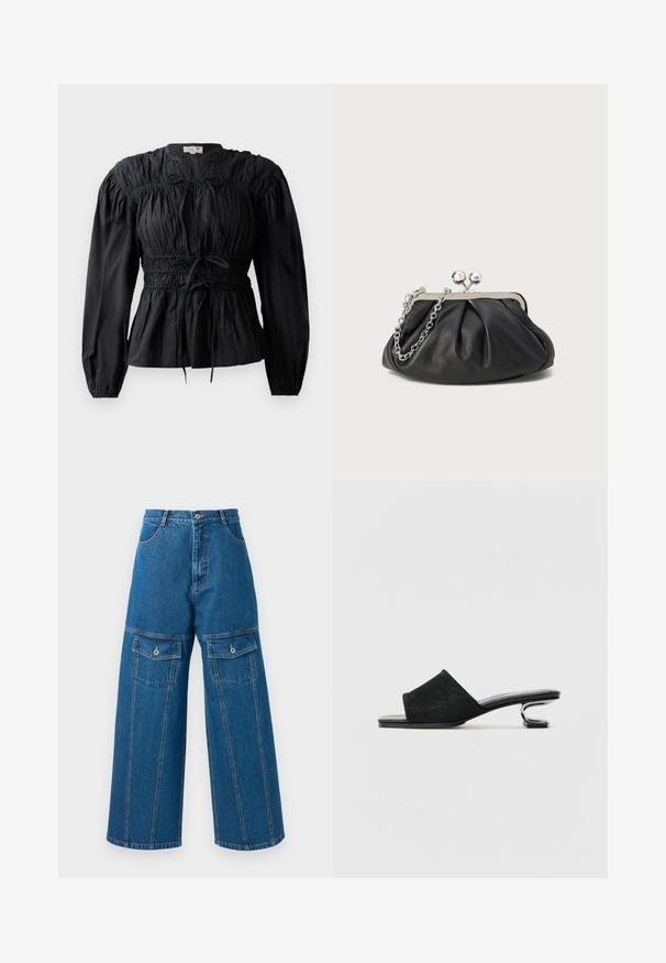 Musthave, pika, pikkade varrukatega pluus, volditud kangaga, smockitud vöökohaga ja nööri detailiga. Pluusil on ümmargune kaelus ja sile tekstuur.; Heledad denim püksid helesinises toonis, millel on kõrge vöökoht, nähtavad õmblused ja kaks nööbiga klapp-taskut igal küljel.; Must musta libise sandaalid, millel on lai riba, avatud varvas ja skulpturaalne metallist konts. Siledat, tasast tallat, millel on minimaalne tekstuur.; Musthave musta nahast käekott, millel on volditud tekstuur, hõbedane metallraam, lukustatud sulgemismehhanism ja kett. Sile ja pehme pind.