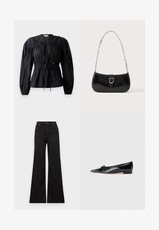 Sort bluse med lange ærmer, rynket stof, smocket talje og bindedetalje, med rund halsudskæring og glat overflade.; Sorte flared jeans lavet af denim med høj talje, med forlommer og metaldele på knappen og nitterne.; Sorte patentlæder flade sko med spids tå, lille dekorativ rem og lav blokhæl. Glat tekstur og strømlinet design.; Sort skuldertaske i laklæder med sølv spænde og sølv kæderem, vist mod en ensartet lys baggrund.
