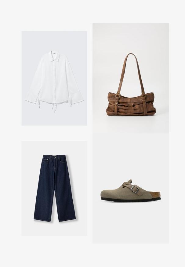 Chemise en coton blanche avec un col, des manches longues et des liens réglables aux poignets. Fermeture par boutons sur le devant et coupe légèrement ample.; Jean en denim bleu foncé à jambes larges avec fermeture avant par bouton et zip, poches avant et passants pour ceinture, posé à plat sur un fond blanc.; Sabots en velours côtelé vert olive clair avec une semelle en liège et en caoutchouc moulée. Dispose d'une sangle latérale avec une boucle en métal et d'un bout arrondi.; Even&Odd by Zalando Sac à main - brown