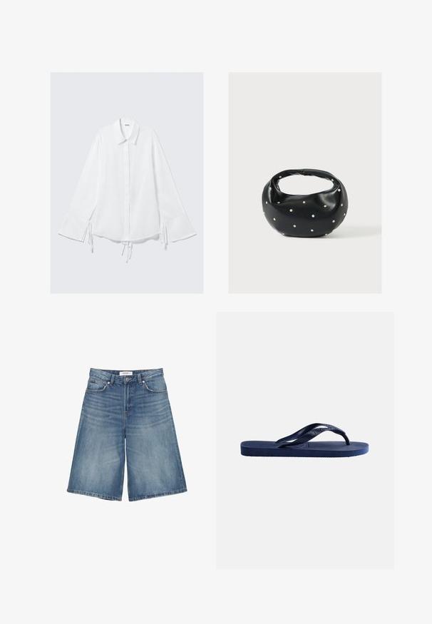 Chemise en coton blanche avec un col, des manches longues et des liens réglables aux poignets. Fermeture par boutons sur le devant et coupe légèrement ample.; Shorts bleu denim longueur genou avec poches avant, passants pour ceinture et détails délavés en forme de moustaches sur fond blanc.; Sandale tong en caoutchouc bleu foncé avec semelle texturée et bride en forme de Y sur un fond clair uni.; Sac à main en cuir noir de forme arrondie, décoré de clous argentés et équipé d'une poignée courte. Texture lisse et fermeture éclair.