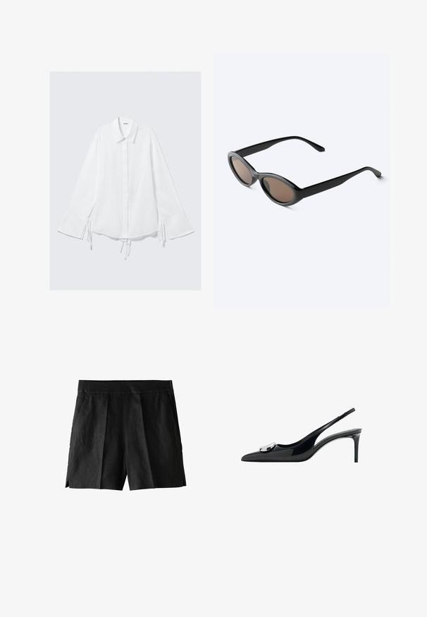 Witte katoenen shirt met een kraag, lange mouwen, en verstelbare strikjes bij de manchetten. Knoping aan de voorkant en een iets losse pasvorm.; Zwarte linnen shorts met een geplooide voorkant, zijzakken en een ontspannen pasvorm. De stof heeft een gladde textuur en een casual ontwerp.; Zwarte slingback pump van lakleer met een spitse neus, dunne hak en een afgerond metalen accent op het bovendeel. Gladde textuur.; Zwarte zonnebril met ovale montuur en donker getinte glazen, licht schuin getoond op een wit oppervlak.
