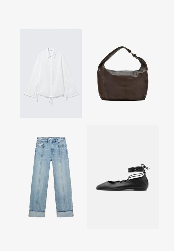Camisa de algodón blanca con cuello, mangas largas y lazos ajustables en los puños. Con botones en la parte delantera y un ajuste ligeramente holgado.; Jeans anchos de mezclilla azul claro con una cintura alta, que cuentan con cinco bolsillos, costuras visibles y dobladillos en los puños.; Zapato de ballet plano de cuero negro con punta puntiaguda, múltiples tiras finas en la parte superior y cordones que se atan alrededor del tobillo.; Bolso de mano de cuero marrón oscuro con una sola correa ancha y una hebilla plateada, con una forma rectangular suave y holgada.