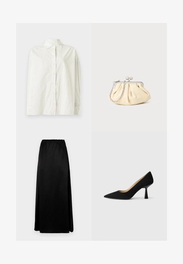 CLOSED CAPE SHIRT - Chemisier - white; Jupe longue noire avec une texture lisse et froissée, dotée d'une taille élastique. Présente une fente sur le côté pour plus de liberté de mouvement et une silhouette élégante.; Pompe à talons hauts en suède noir avec un bout pointu, dotée d'un talon bloc noir brillant et d'une doublure intérieure lisse.; Pochette en cuir beige plissé avec un cadre en métal argenté, dotée de deux fermoirs ronds décoratifs et d'une chaîne en argent.
